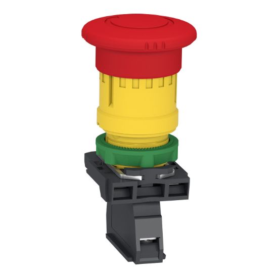 Picture of Emergency stop switching off, Harmony XB5, plastic, red mushroom 40mm, 22mm, trigger latching turn to release, 1NC with monitoring