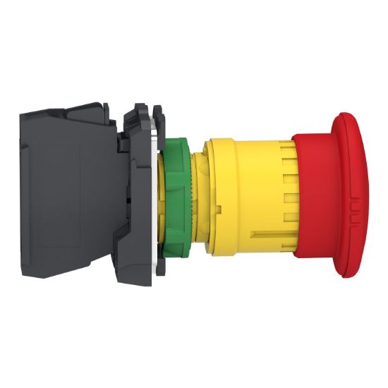 Picture of Emergency stop switching off, Harmony XB5, plastic, red mushroom 40mm, 22mm, trigger latching turn to release, 1NC with monitoring