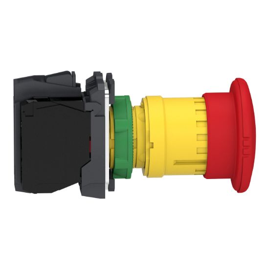 Picture of Emergency stop switching off, Harmony XB5, plastic, red mushroom 40mm, 22mm, trigger latching turn to release, 2NC with monitoring