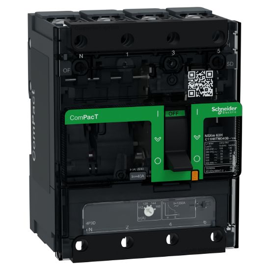 Picture of Circuit breaker, ComPacT NSXm 63H, 70kA/415VAC, 4 poles 3D (neutral not protected), TMD trip unit 40A, lugs/busbars