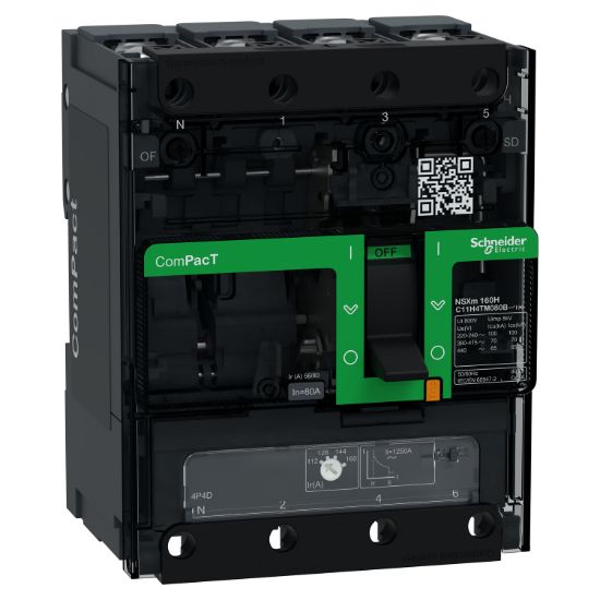 Picture of Circuit breaker, ComPacT NSXm 160H, 70kA/415VAC, 4 poles 4D (neutral fully protected), TMD trip unit 80A, lugs/busbars