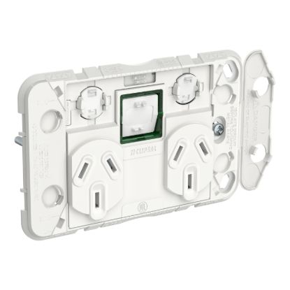 Picture of Double Switch Power Point Grid with 1 extra switch, Clipsal Iconic, Horizontal Mount, 250V, 10A