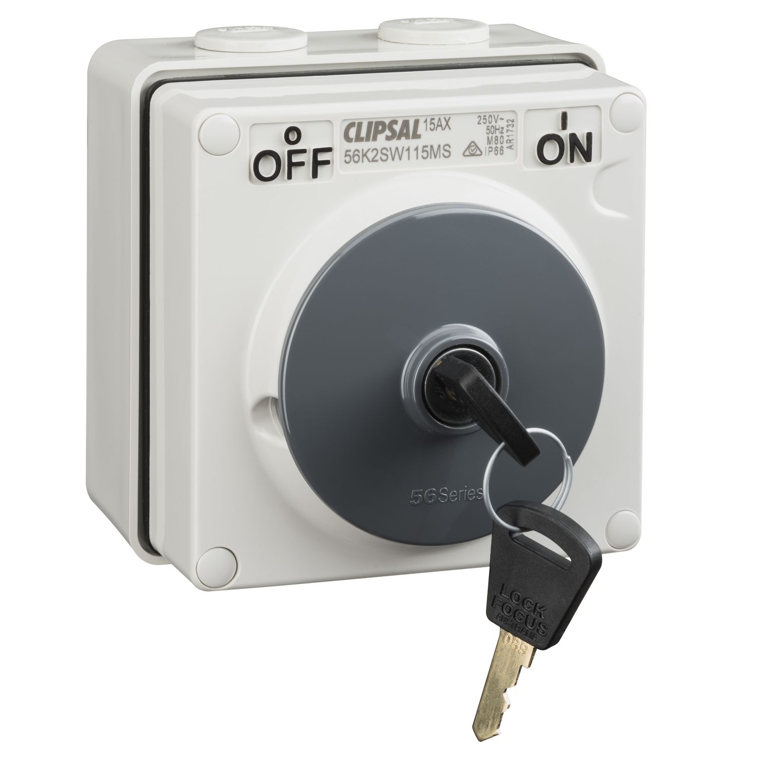 Picture of Surface Switch, Clipsal - 56 Series, 1 Pole, 250VAC, 15A, Key Operated, On/Off Locking Position