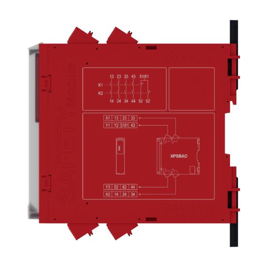 Picture of safety module, Harmony XPS, estop or guard, connected to supply terminals 24V AC or DC , no inputs, spring