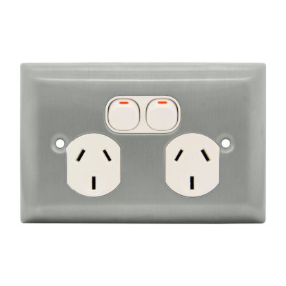 Picture of Twin Switch Socket Outlet, Metal Plate Series, 250V, 10A, A Style Deep Curved Plate