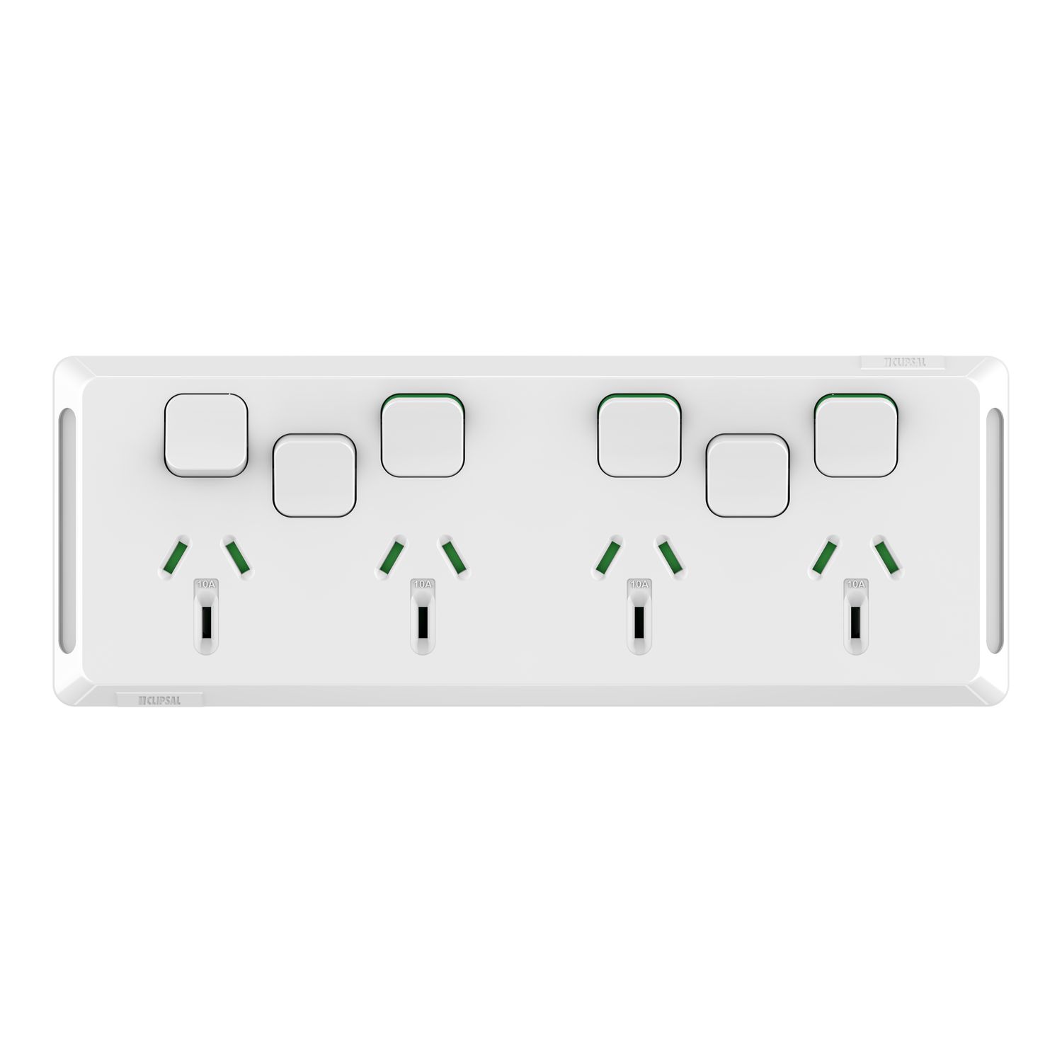 Picture of Quad Power Point with 2 extra switches, Pro Series, Horizontal Mount, 250V, 10A, Less Mechanisms