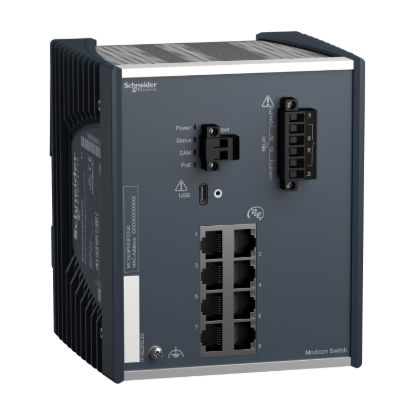 Picture of network switch, Modicon Networking, PoE power over Ethernet, managed, 8Gigabit ports for copper