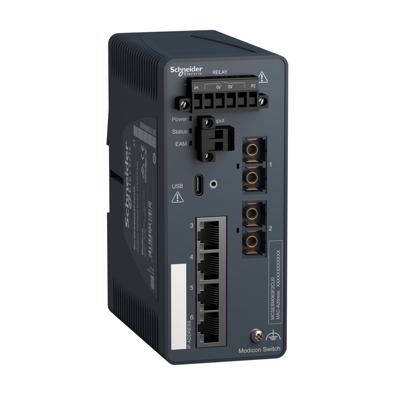 Picture of network switch, Modicon Networking, managed, 4 ports for copper with 2 port for fiber optic, multimode