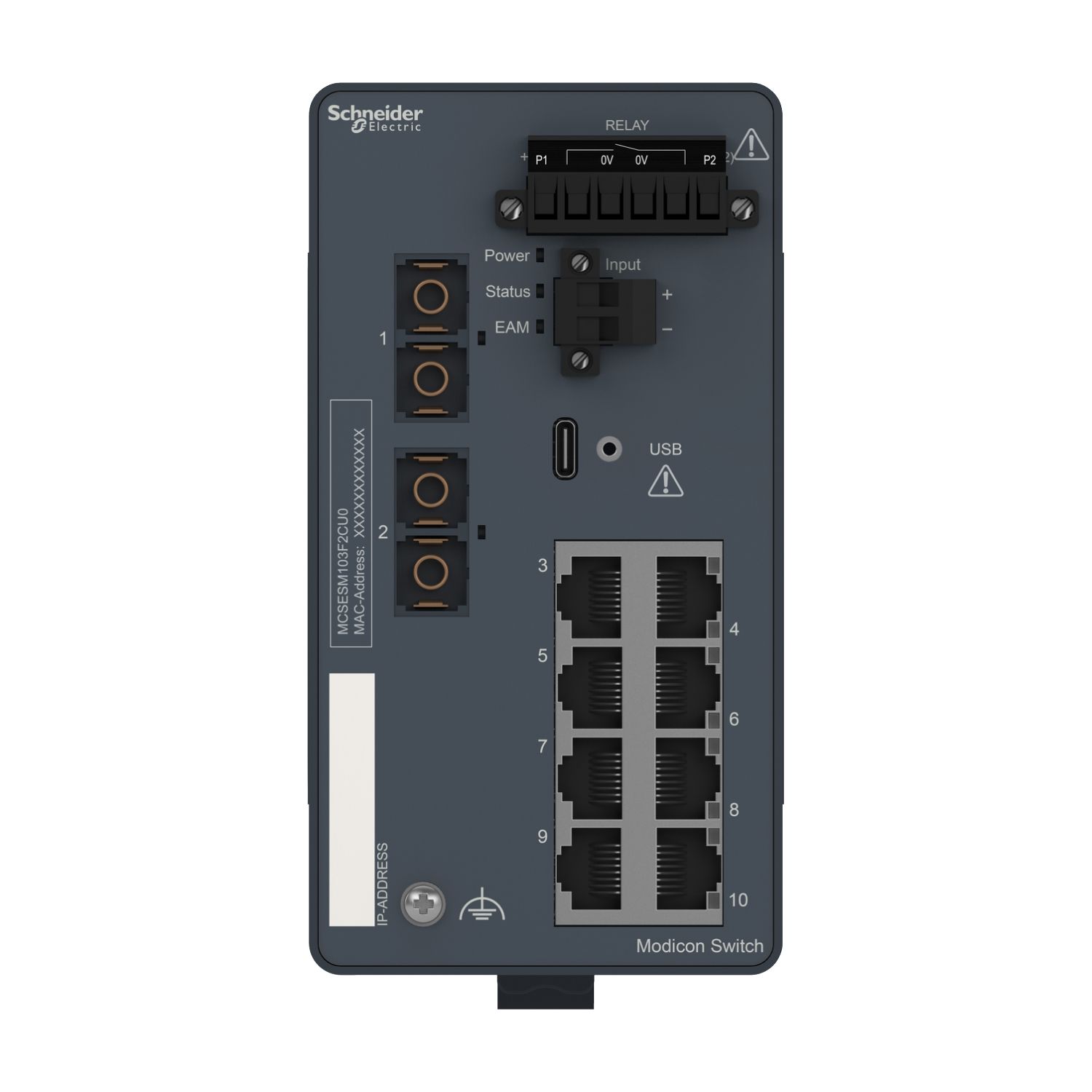 Picture of network switch, Modicon Networking, managed, 8 ports for copper with 2 ports for fiber optic, multimode