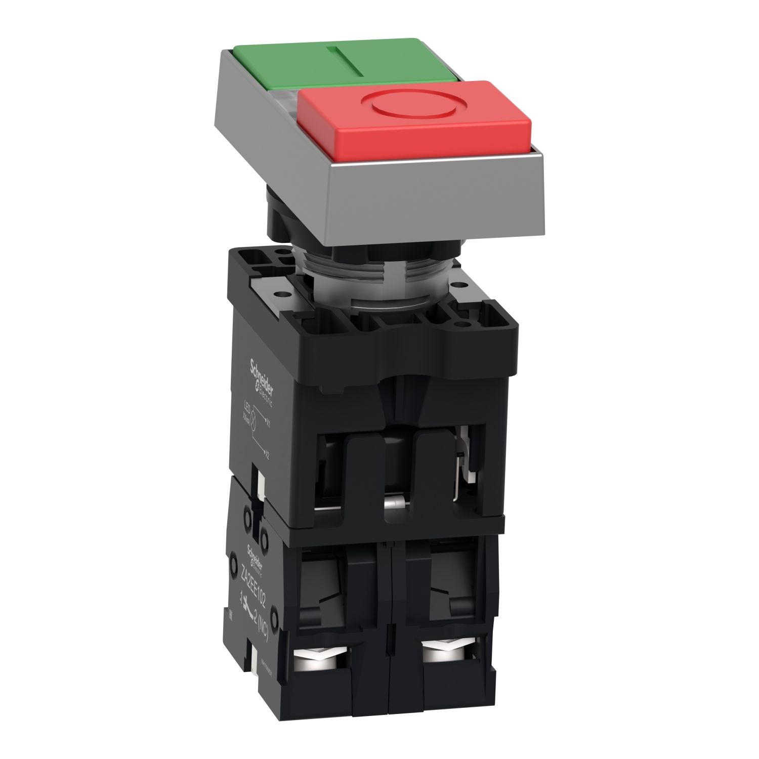 Picture of Illuminated double headed push button, Easy Harmony XA2, plastic, 22mm, 1 green flush I + 1 light + 1 red flush O, 24V AC DC, 1NO + 1NC