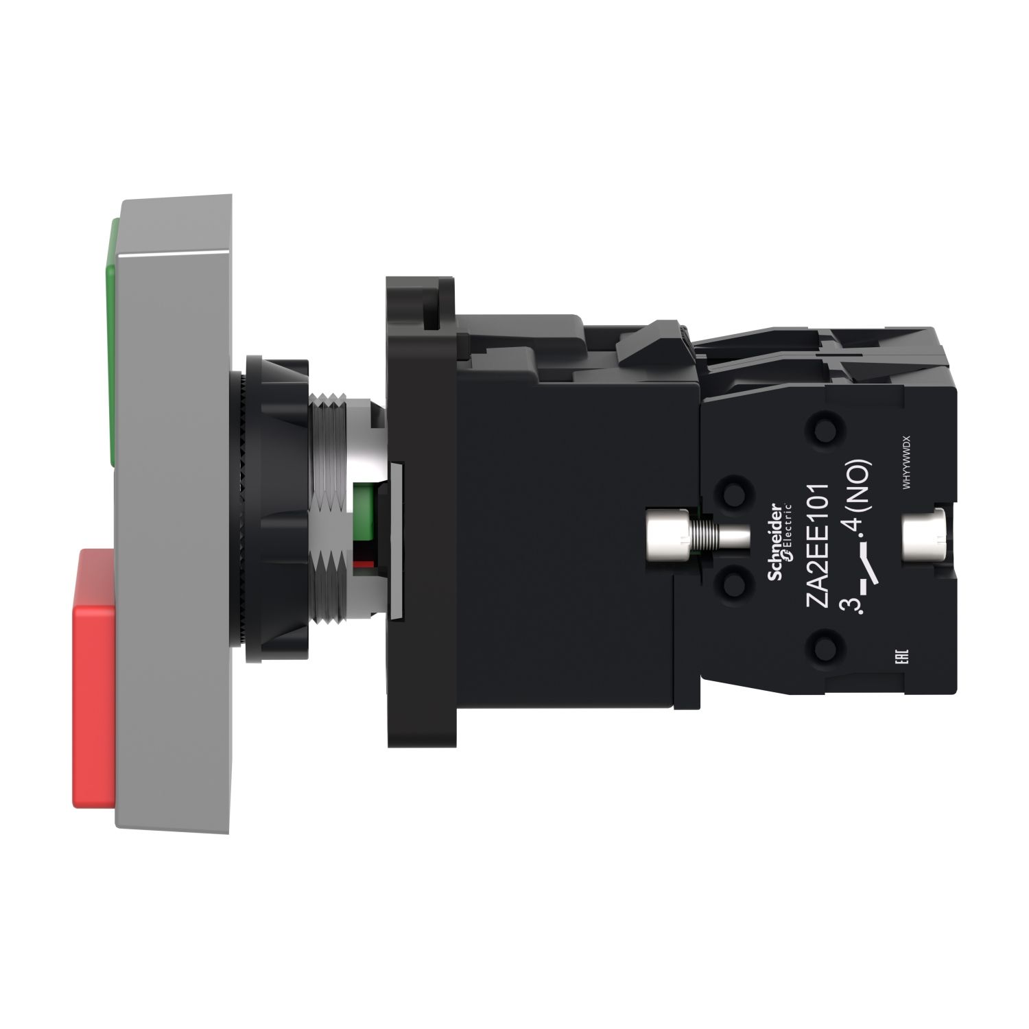 Picture of Illuminated double headed push button, Easy Harmony XA2, plastic, 22mm, 1 green flush I + 1 light + 1 red flush O, 24V AC DC, 1NO + 1NC