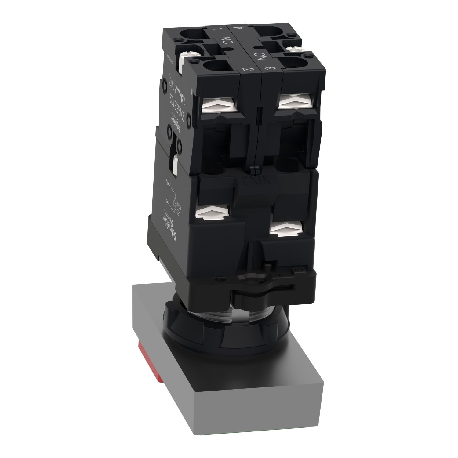 Picture of Illuminated double headed push button, Easy Harmony XA2, plastic, 22mm, 1 green flush I + 1 light + 1 red flush O, 220…230V AC, 1NO + 1NC