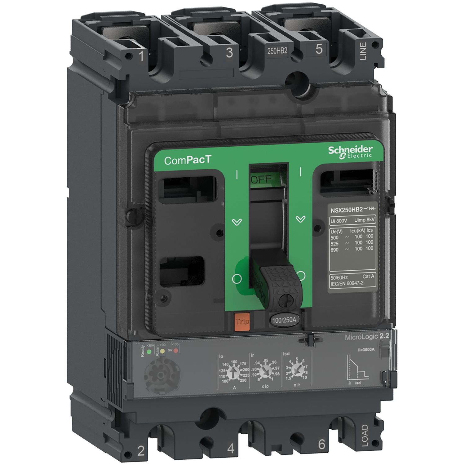 Picture of Circuit breaker, ComPacT NSX100N, 50kA/415VAC, 3 poles, MicroLogic 2.2 trip unit 100A