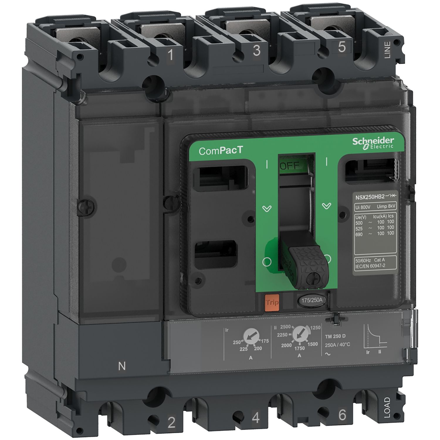 Picture of Circuit breaker, ComPacT NSX100H, 70kA/415VAC, 4 poles 3D (neutral not protected), TMD trip unit 50A