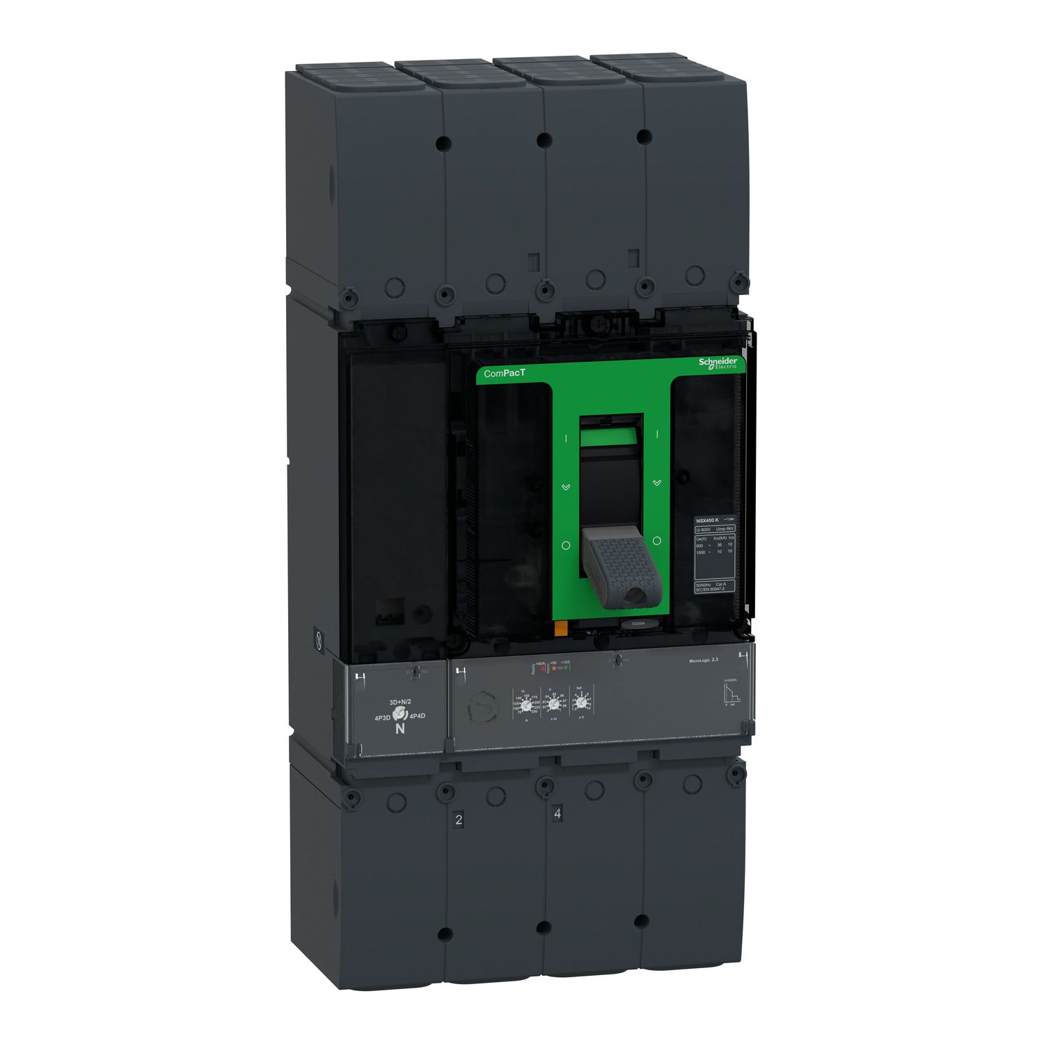 Picture of Circuit breaker, ComPacT NSX400K, 36kA/800VAC, 10kA/1000VAC, 4 poles, MicroLogic 2.3 trip unit, 400A