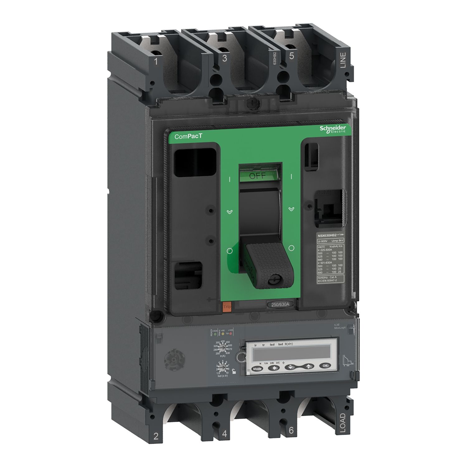 Picture of Circuit breaker, ComPacT NSX630HB1, 75kA/690VAC, 3 poles, MicroLogic 5.3E trip unit 630A