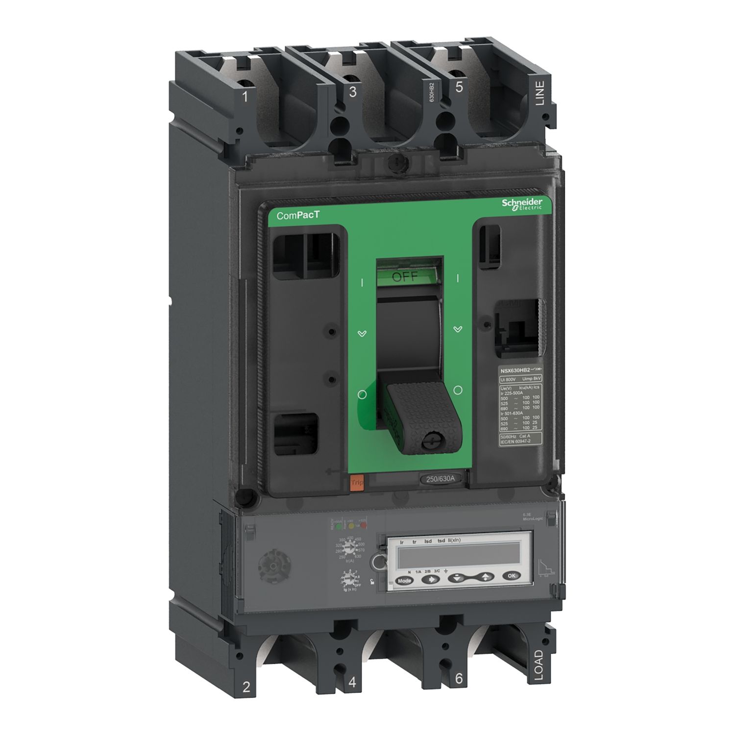 Picture of Circuit breaker, ComPacT NSX400HB2, 100kA/690VAC, 3 poles, MicroLogic 6.3E trip unit 400A