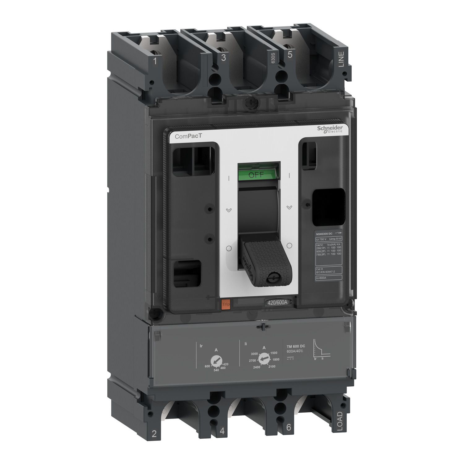 Picture of Circuit breaker, ComPacT NSX400F DC, 36kA/750VDC, 3 poles, TM-DC trip unit 320A