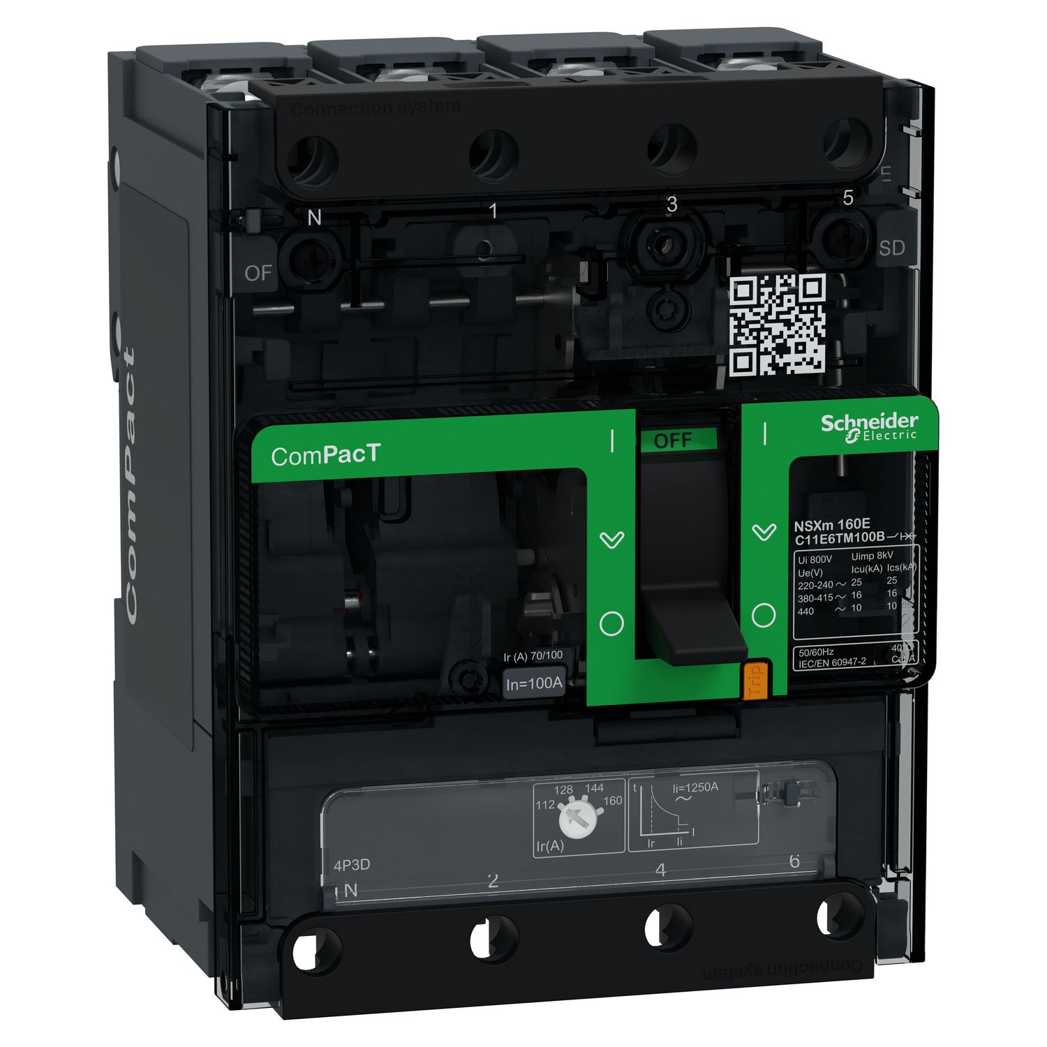Picture of Circuit breaker, ComPacT NSXm 160E, 16kA/415VAC, 4 poles 3D (neutral not protected), TMD trip unit 100A, lugs/busbars