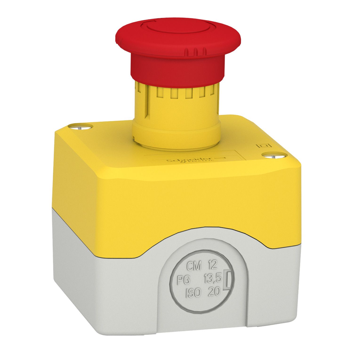 Picture of Control station, Harmony XALK, plastic, yellow lid, 1 red mushroom 40mm, turn to release, 1NC with monitoring, unmarked, UL/CSA certified