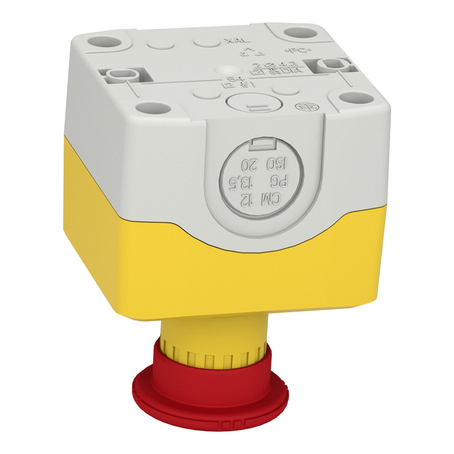 Picture of Control station, Harmony XALK, plastic, yellow lid, 1 red mushroom 40mm, turn to release, 1NC with monitoring, unmarked, UL/CSA certified