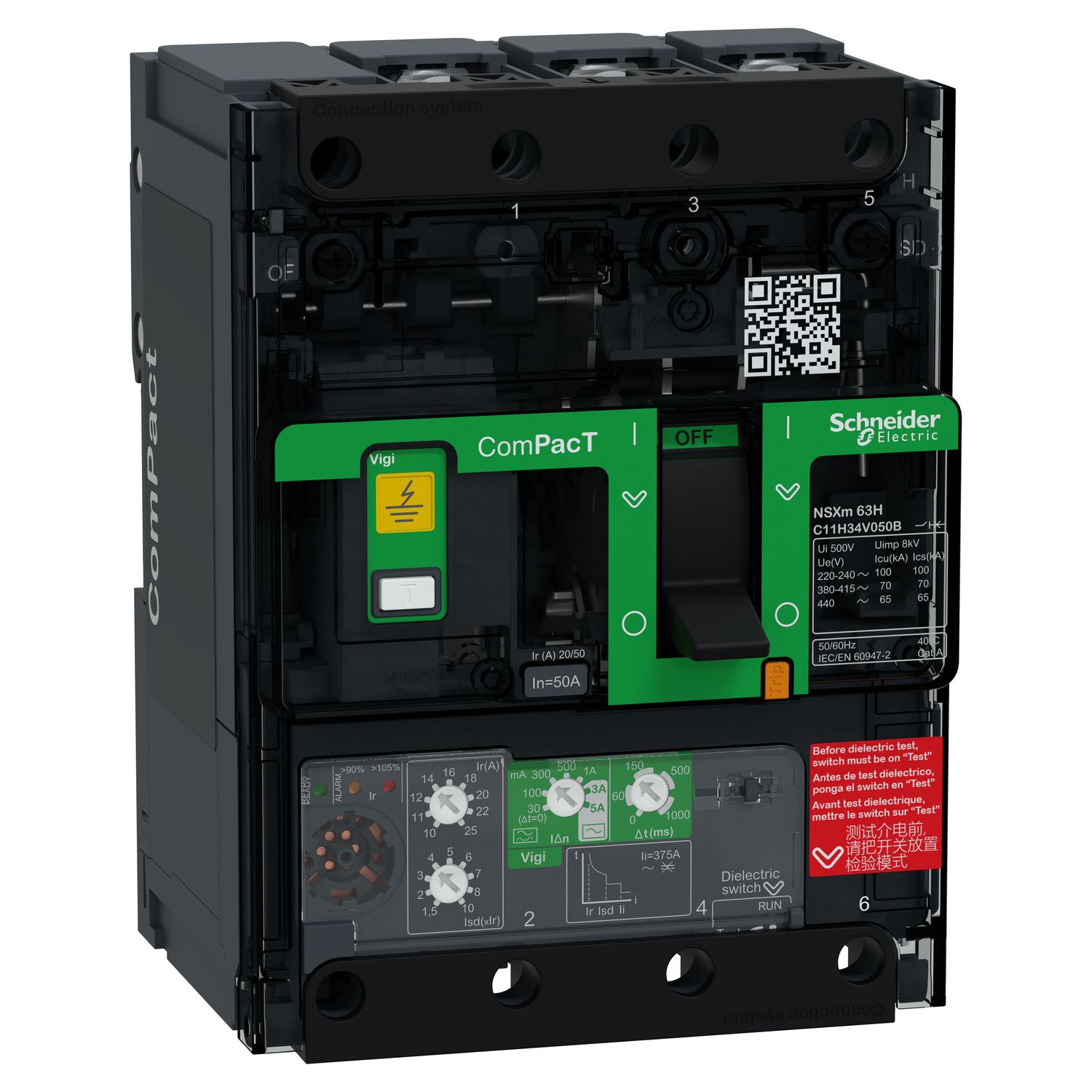 Picture of Circuit breaker, ComPacT NSXm 63H, 70kA/415VAC, 3 poles, MicroLogic 4.1 trip unit 50A, lugs/busbars