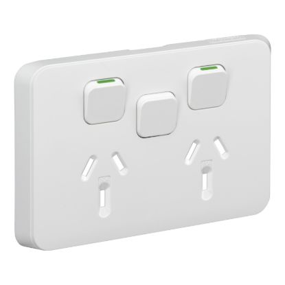 Picture of Double Power Point Skin with 1 extra switch, Clipsal Iconic, Horizontal Mount, 250V, 10A, Clip-On