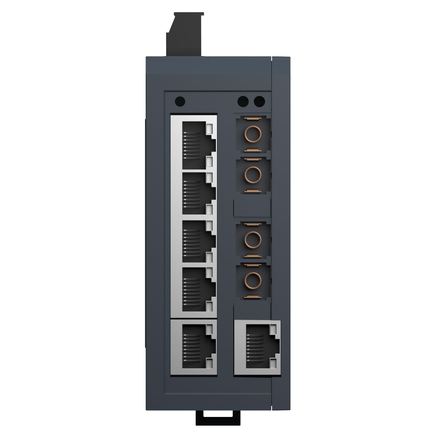 Picture of network switch, Modicon Networking, standard unmanaged, 6 ports for copper with 2 ports for multimode fiber optic