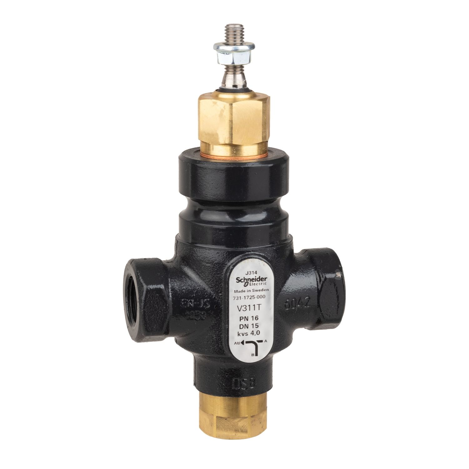 Picture of Venta V311T Globe Valve, 3-Way, PN16, Rp 1/2 Internal Thread, DN15, 4.0 Kvs, Nodular Iron, Brass plug.