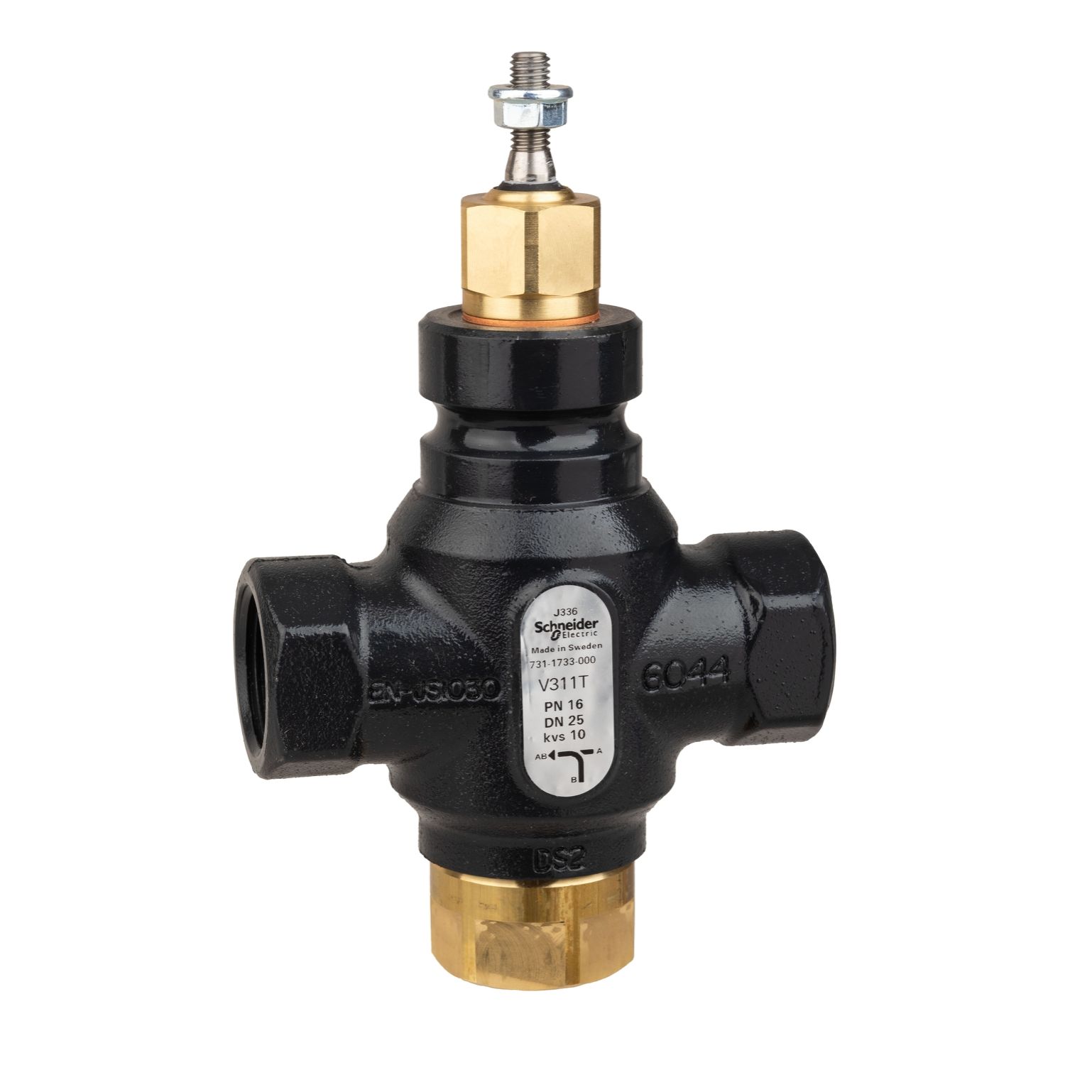 Picture of Venta V311T Globe Valve, 3-Way, PN16, Rp 1 Internal Thread, DN25, 10 Kvs, Nodular Iron, Brass plug.