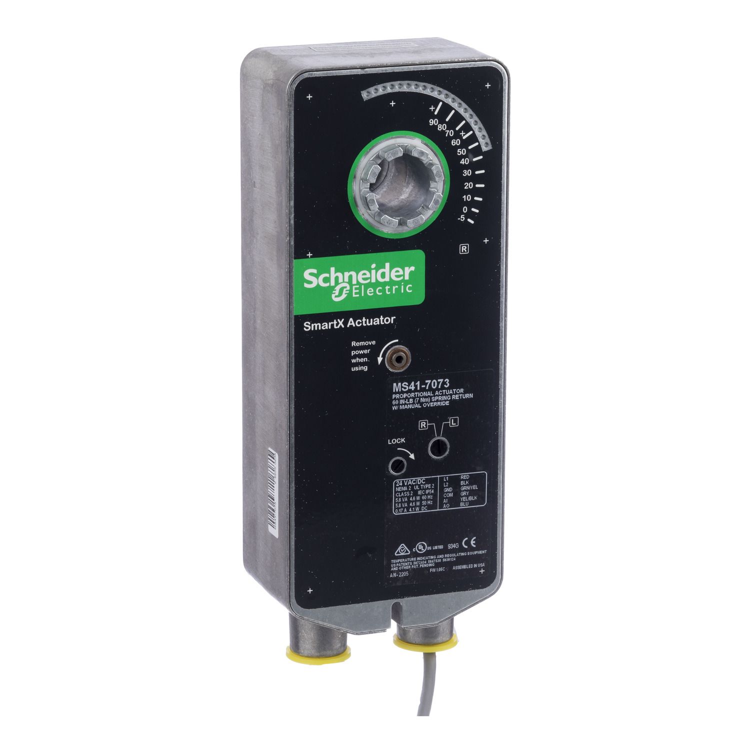 Picture of SmartX, Damper Actuator, proportional 2-10 Vdc, spring return, 24 Vac/Vdc, 3 ft appliance cable, 60 lb-in, NEMA 1 or 2