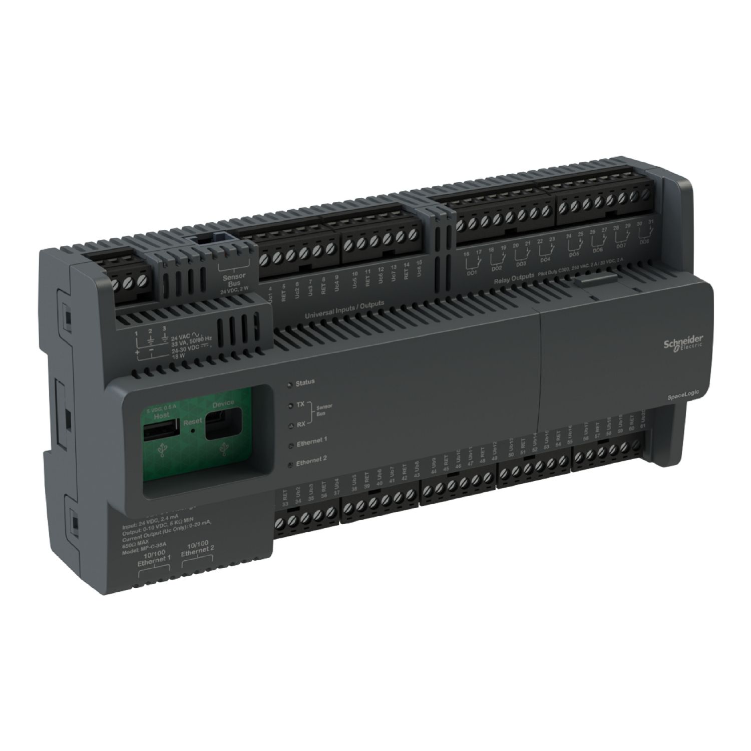 Picture of Controller, SpaceLogic IP, MP-C, BACnet/IP, 36 points, 8 universal input/output Type Uc, 8 Form A relay outputs, 20 universal input/output Type Ub