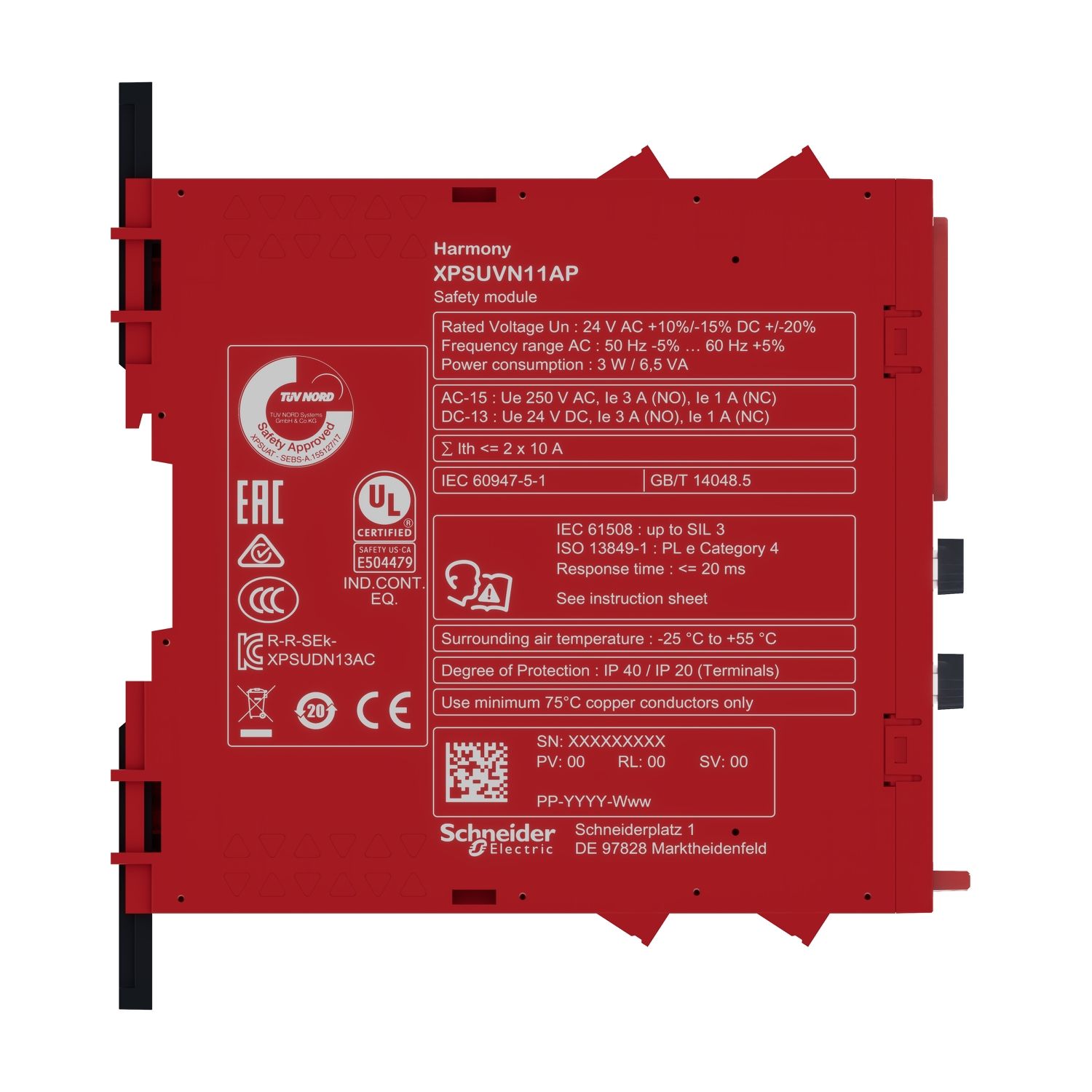Picture of safety module, Harmony XPS, zero speed monitoring with time delay, 24V AC or DC, screw