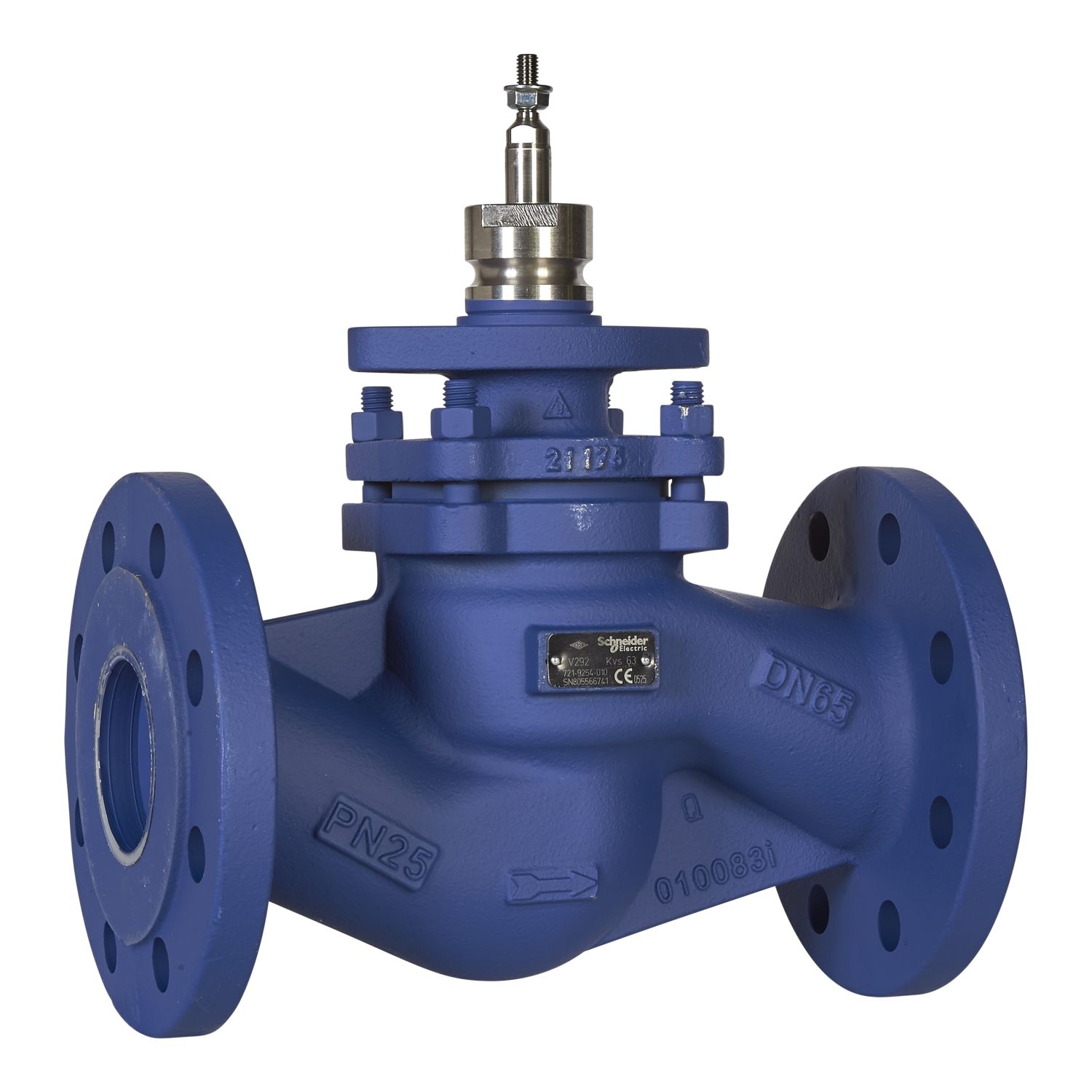 Picture of V292 Globe Valve, 2-Way, PN25, Flanged, DN80, 63 Kvs, Nodular Iron Body and Stainless Steel Trim, Stem Down Closed.