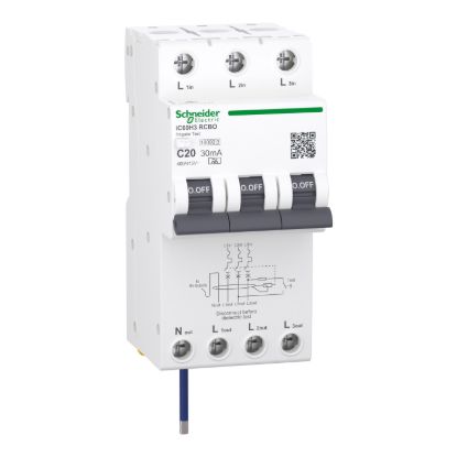 Picture of Residual current breaker with overcurrent protection (RCBO), Acti9 iC60H3, 3P+Ns, C Curve, 20A, 30mA, A type, 10000A