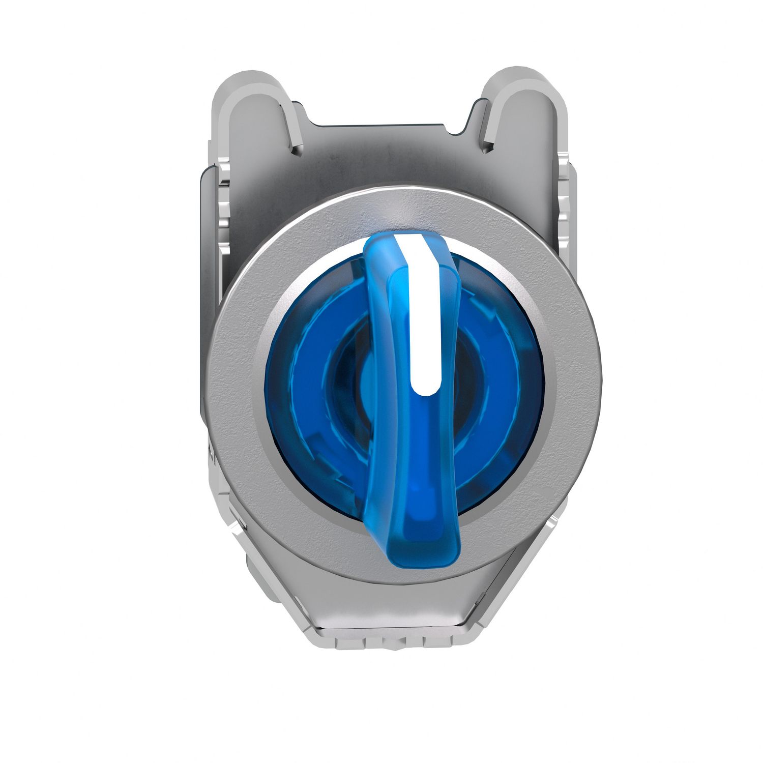 Picture of Head for illuminated selector switch, Harmony XB4, universal LED,  blue handle, flush, 30mm, 3 positions, spring return