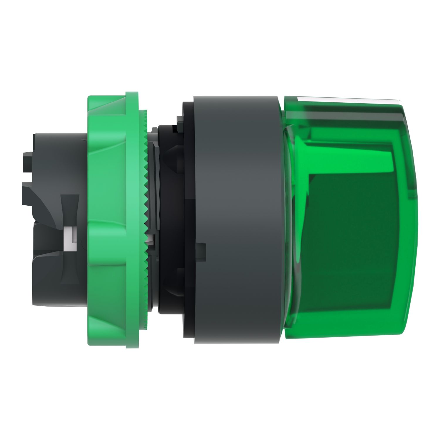 Picture of Head for illuminated selector switch, Harmony XB5, grey plastic, green handle, 22mm, universal LED, 3 positions, stay put