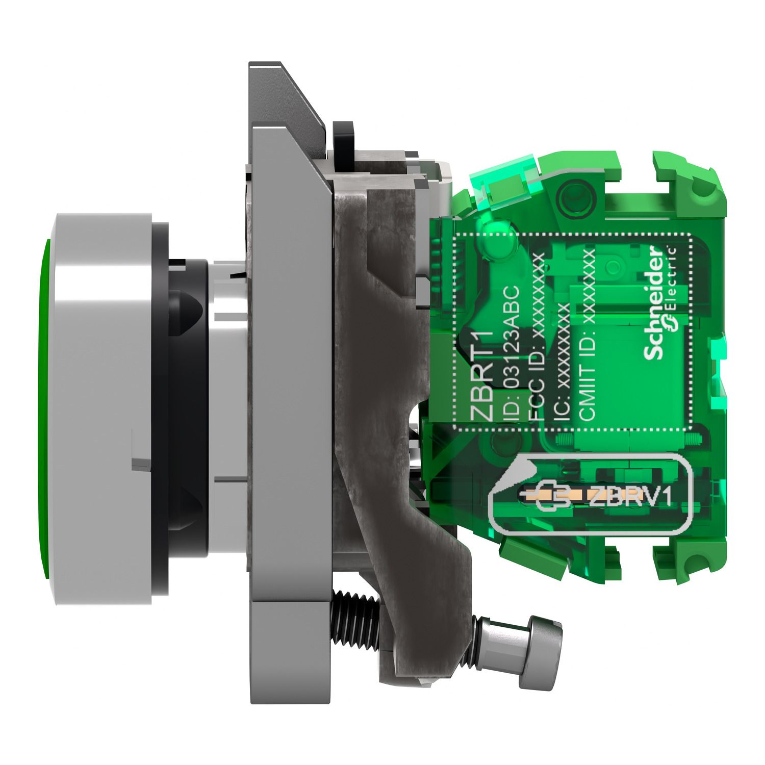 Picture of Wireless and batteryless transmitter, Harmony XB5R, push button, metal, green, 22mm, spring return