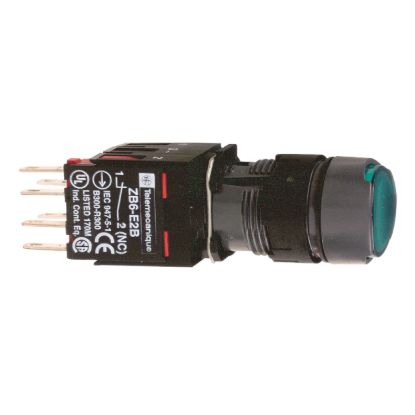 Picture of Complete illuminated push button, Harmony XB6, green flush, 16mm, spring return, 1NO + 1NC,  12...24V