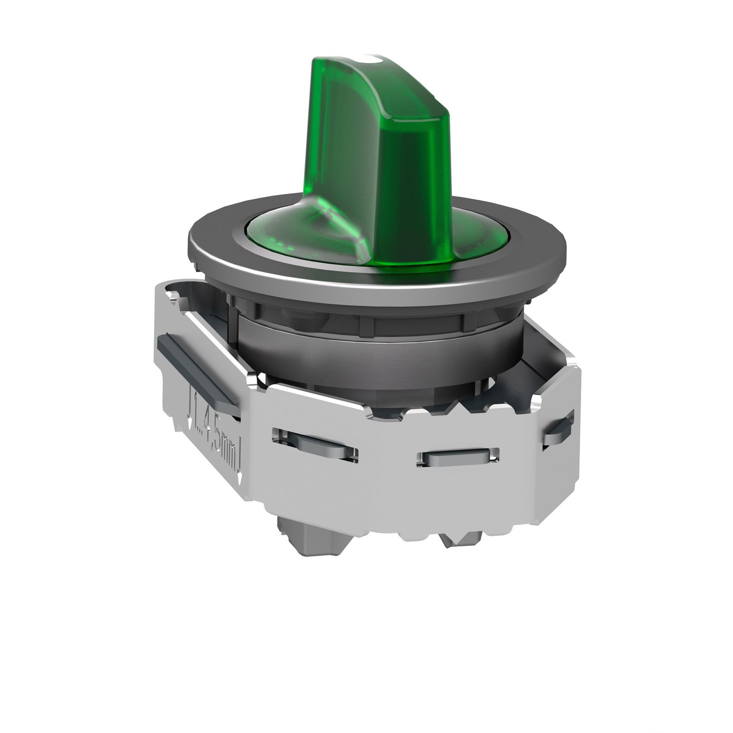 Picture of Head for illuminated selector switch, Harmony XB4, metal, green handle, 30mm, universal LED, 3 positions, right to center