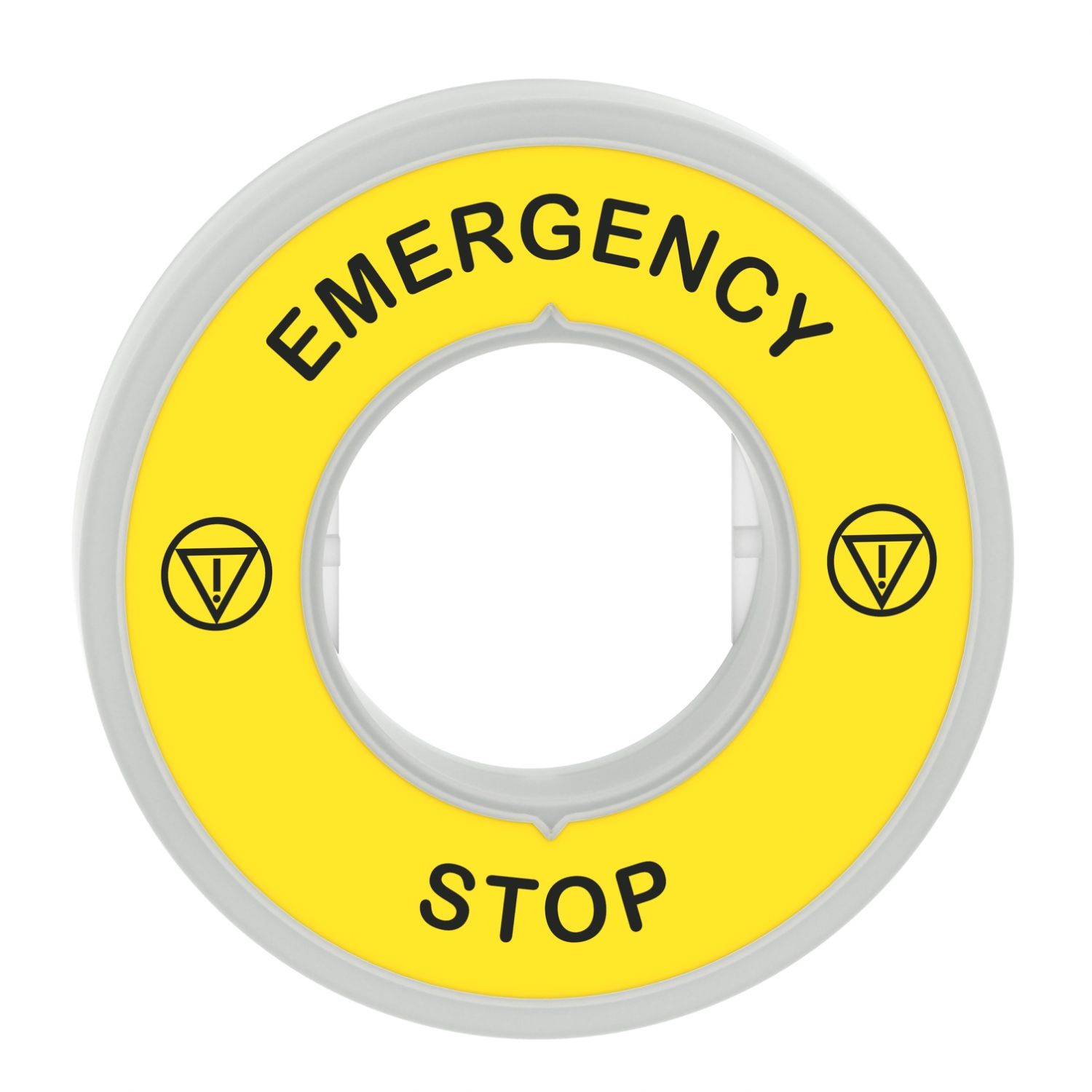 Picture of Illuminated marked legend ring, Harmony XB5, 60mm, plastic, yellow, red fixed integral LED, marked EMERGENCY STOP, 110...120V AC