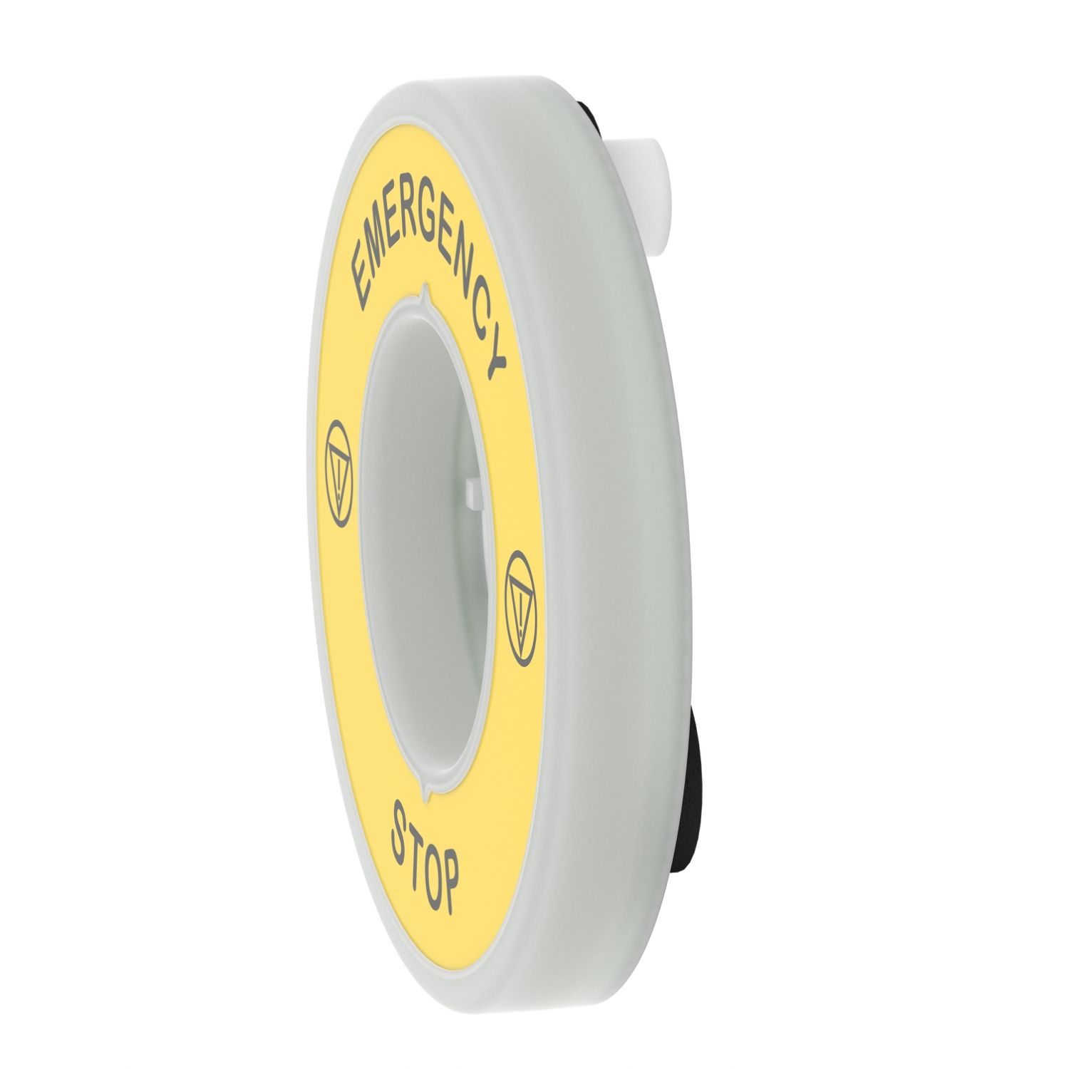 Picture of Illuminated marked legend ring, Harmony XB5, 60mm, plastic, yellow, red fixed integral LED, marked EMERGENCY STOP, 110...120V AC
