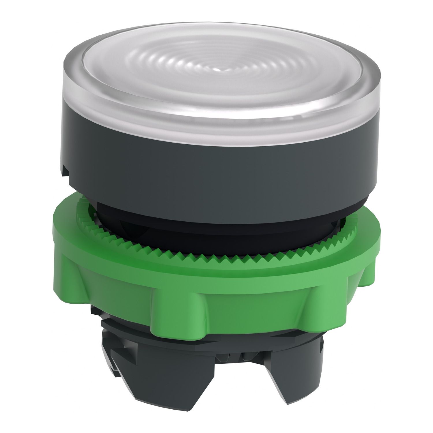 Picture of Head for illuminated push button, Harmony XB5, white flush, 22mm, universal LED, spring return, grooved lens, unmarked