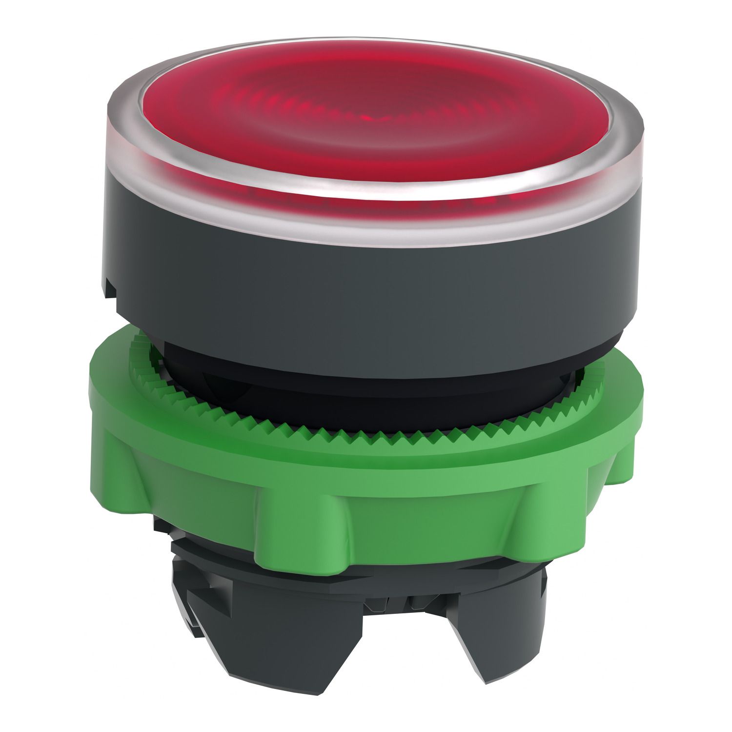 Picture of Head for illuminated push button, Harmony XB5, red flush, 22mm, universal LED, spring return, grooved lens, unmarked