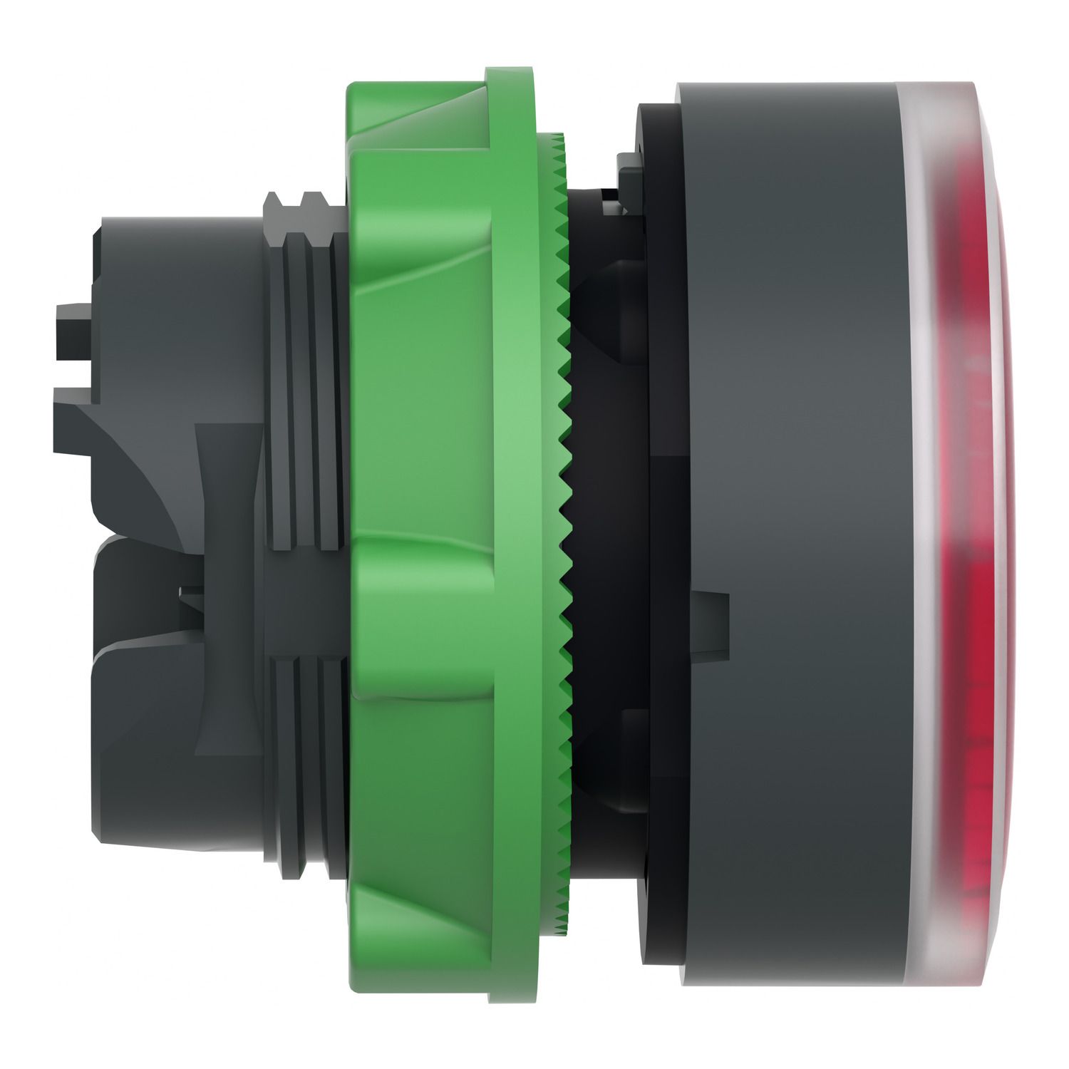 Picture of Head for illuminated push button, Harmony XB5, red flush, 22mm, universal LED, spring return, grooved lens, unmarked