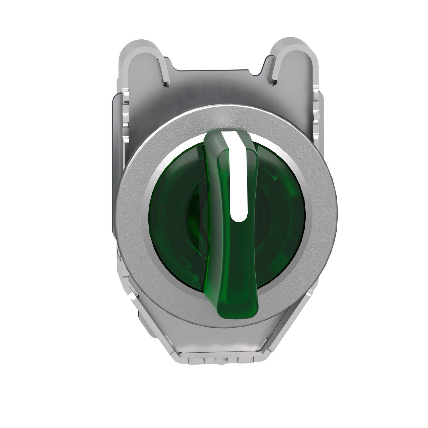 Picture of Head for illuminated selector switch, Harmony XB4, metal, green handle, 30mm, universal LED, 3 positions, to center