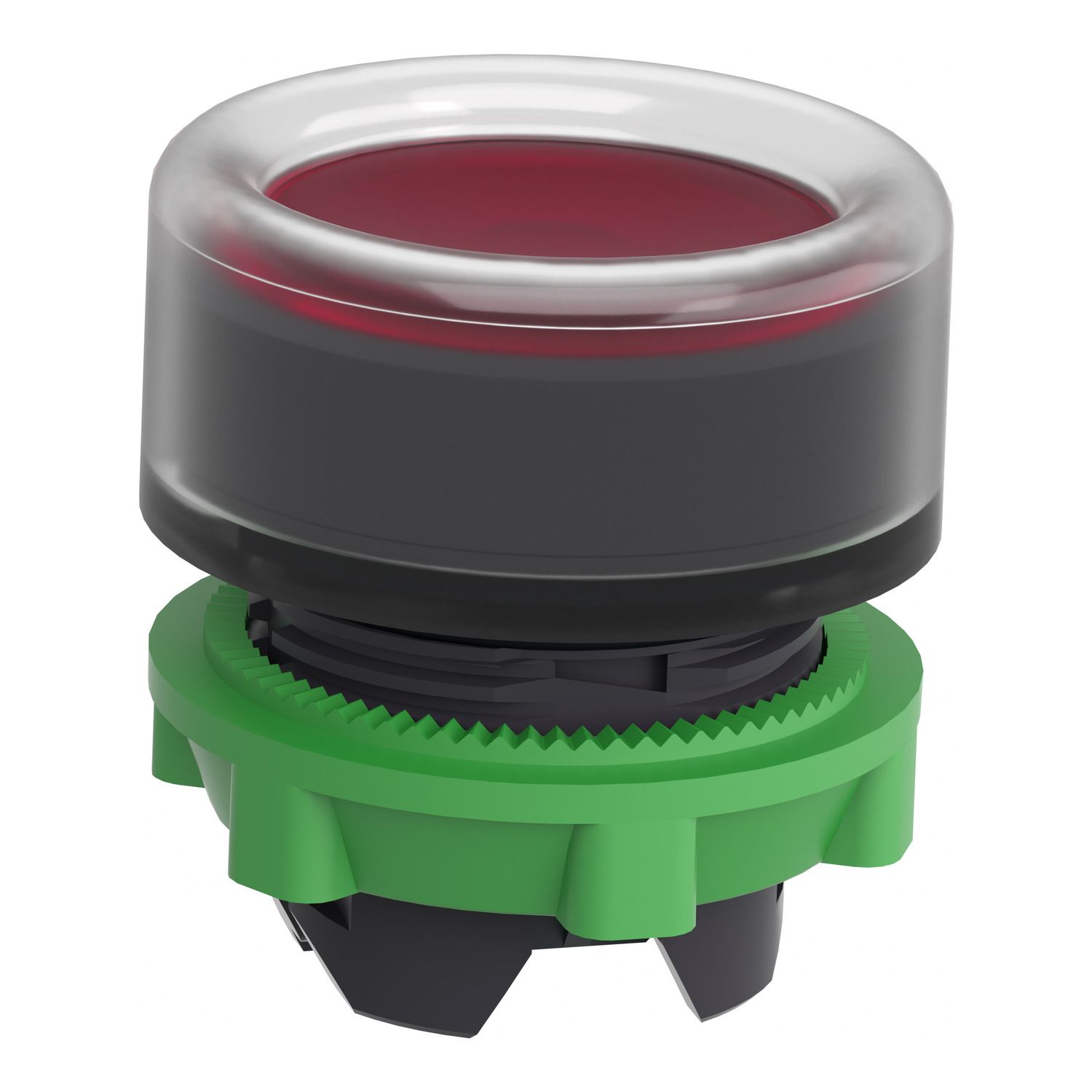 Picture of Head for illuminated push button, Harmony XB5, red flush, 22mm, universal LED, spring return, clear boot, unmarked