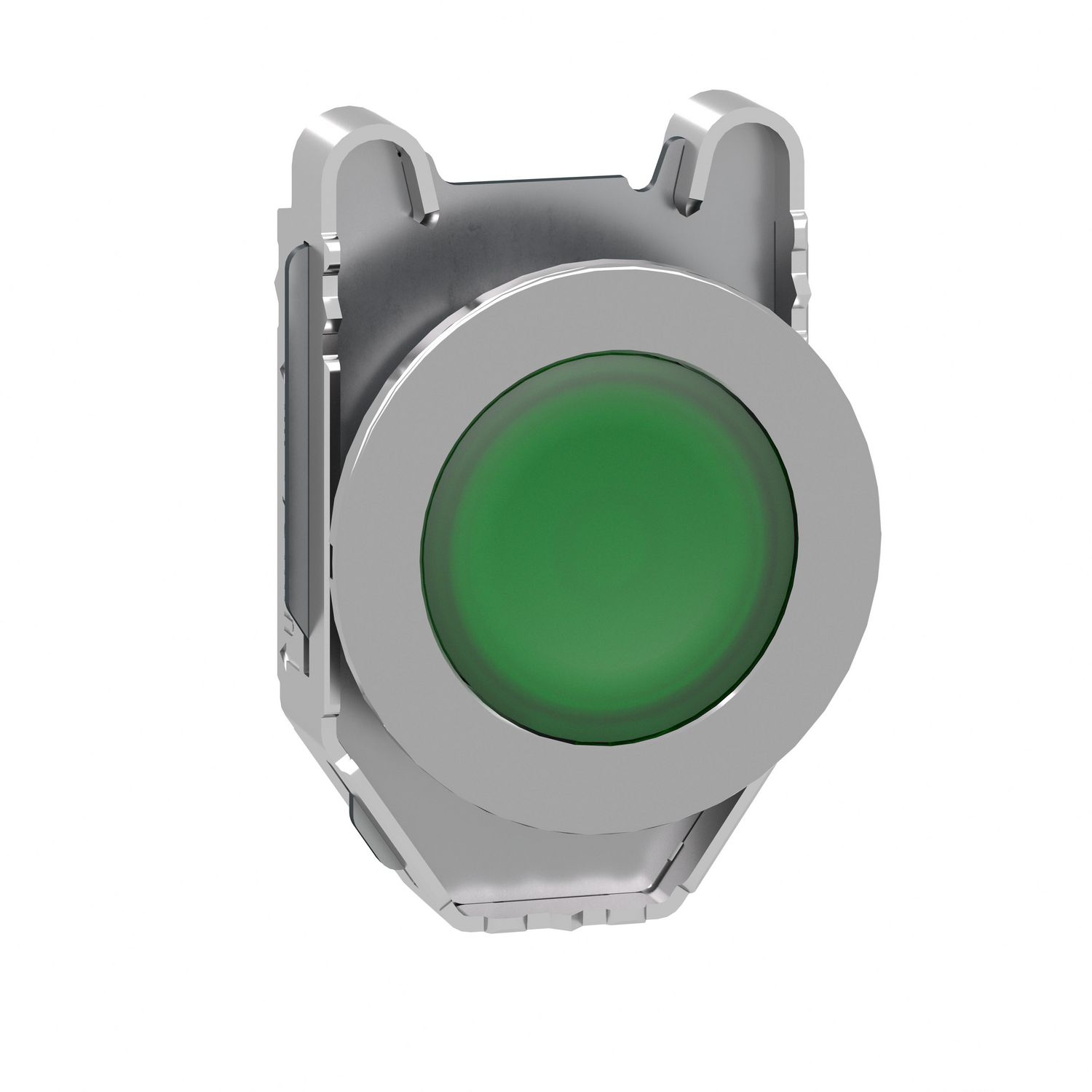 Picture of Head for illuminated push button, Harmony XB4, metal, green flush mounted, 30mm, universal LED, unmarked