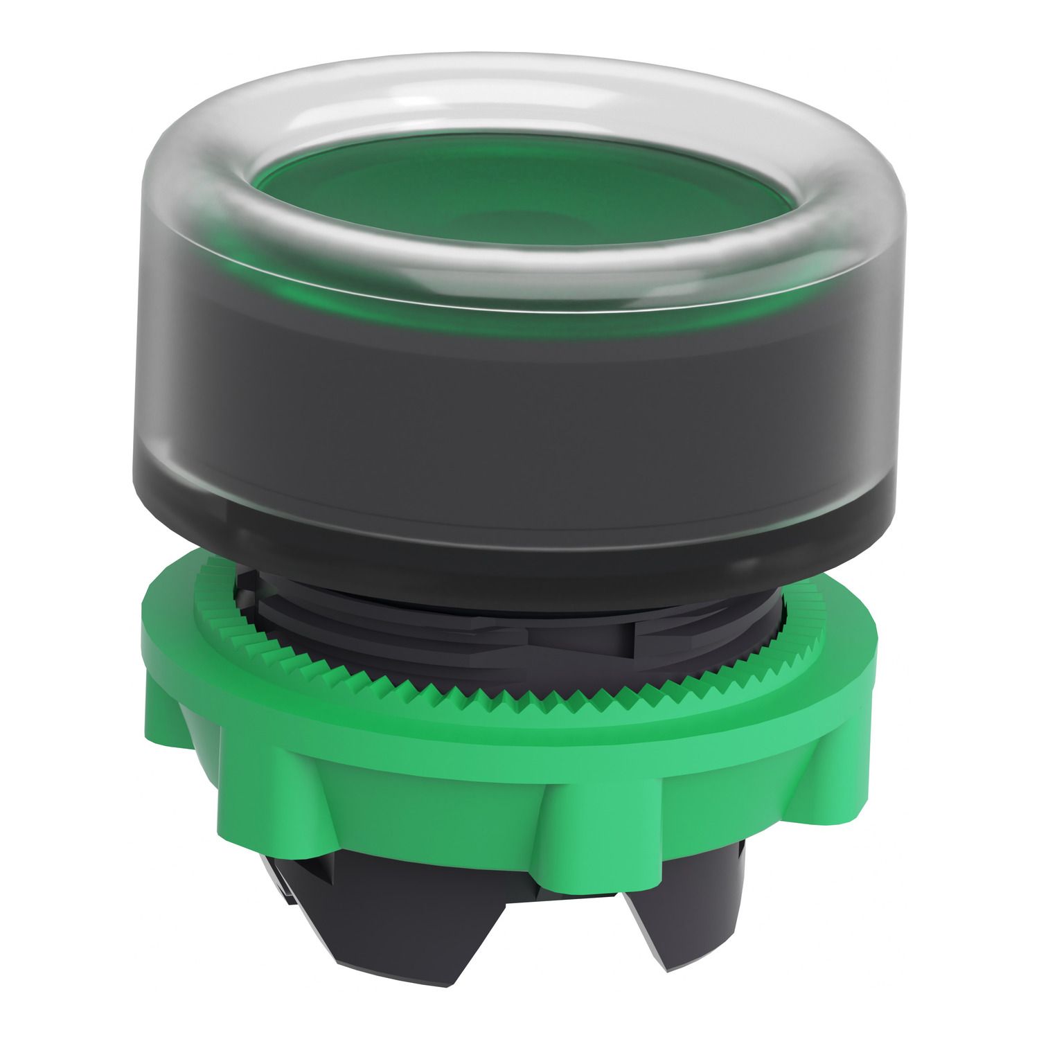 Picture of Head for illuminated push button, Harmony XB5, plastic, green flush, 22mm, universal LED, plain lens, clear boot