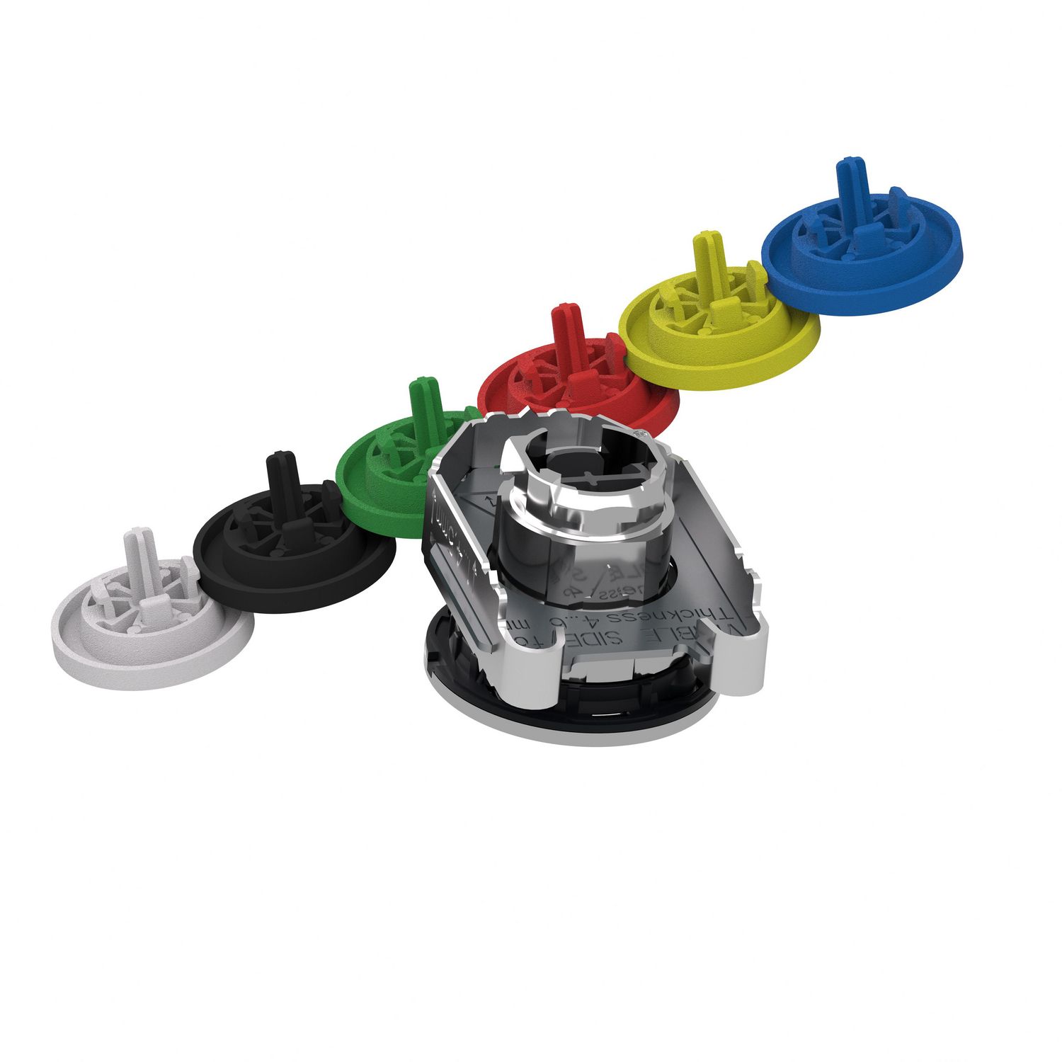 Picture of Head for illuminated push button, Harmony XB4, metal, set of 6 colours, flush caps, 30mm, spring return, unmarked